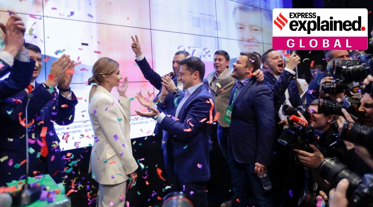 Ukrainian comedian and presidential candidate Volodymyr Zelenskiy, center, and his wife Olena Zelenska celebrate the victory after the presidential polls. (Photo: AP) 