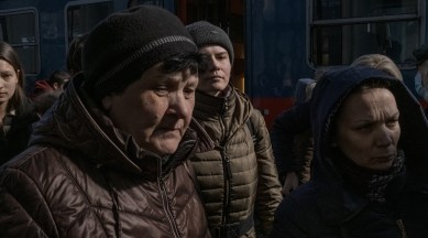 Refugees fleeing the Russian invasion of Ukraine arrive at the Nyugati train station in Budapest, Hungary, March 6, 2022. (Mauricio Lima/The New York Times)