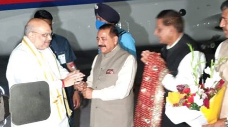 Amit Shah was received by Union Minister of State in the PMO, Dr Jitendra Singh and BJP MP from Jammu-Poonch Lok Sabha constituency Jugal Kishore Sharma. (Photo: Twitter/@DrJitendraSingh)