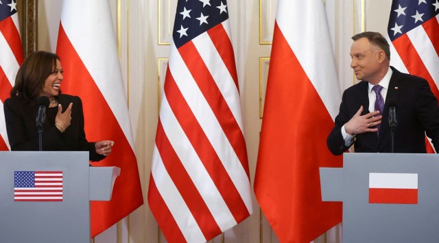 Polish President Andrzej Duda and US Vice President Kamala Harris hold a news conference, amid Russia's invasion of Ukraine, at Belvedere Palace in Warsaw, Poland. (Source: Reuters)