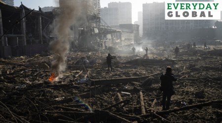 People gather amid the destruction caused after shelling of a shopping center, in Kyiv, Ukraine, Monday, March 21, 2022. (AP Photo/Rodrigo Abd)


