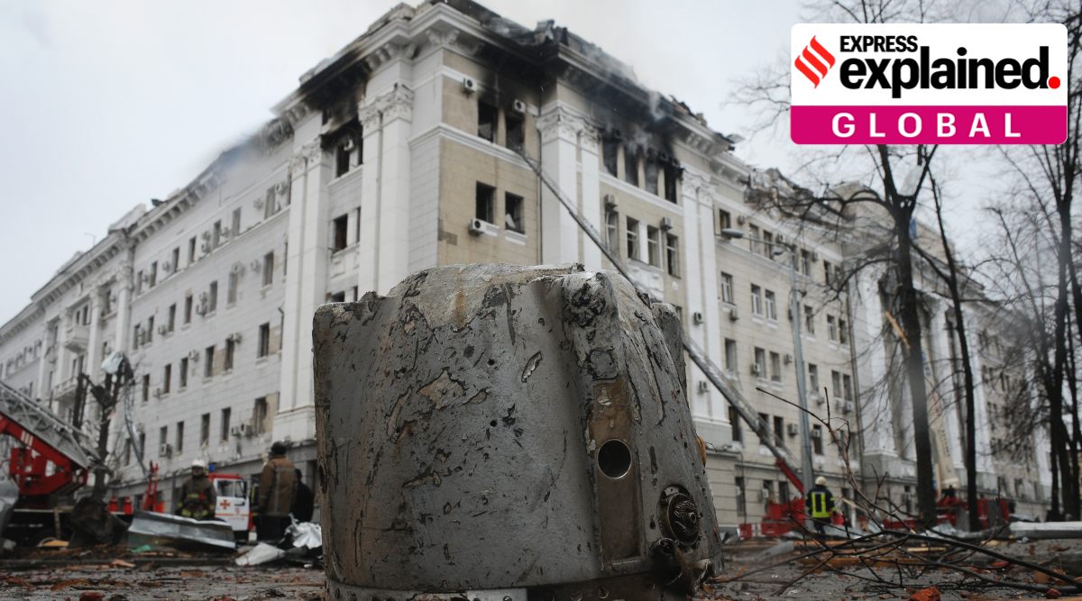 A rocket fragment lies on the ground next to a building of Ukrainian Security Service (SBU) after a rocket attack in Kharkiv, Ukraine's second-largest city, Ukraine, Wednesday, March 2, 2022. (AP Photo/Andrew Marienko)


