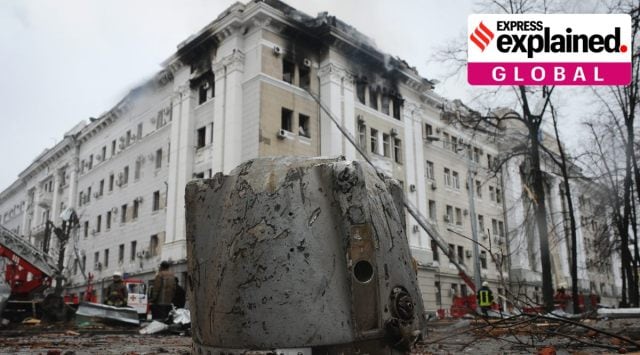 A rocket fragment lies on the ground next to a building of Ukrainian Security Service (SBU) after a rocket attack in Kharkiv, Ukraine's second-largest city, Ukraine, Wednesday, March 2, 2022. (AP Photo/Andrew Marienko)


