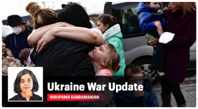Irina Oscaria, 21 years, hugs her family after they arrived in Cizur Menor, northern Spain, Tuesday, March 15, 2022, following Russian's invasion of Ukraine. (AP/PTI Photo)
