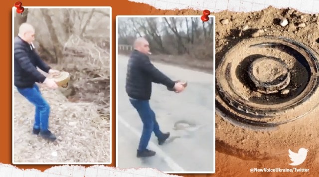 Ukrainian man moves landmine with bare hands, Ukrainian man puffs cigarette, landmine, Russia-Ukraine, war, indian express