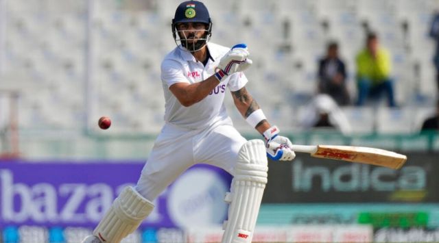 India's Virat Kohli bats during the first test match between India and Sri Lanka in Mohali, India, Friday, March 4, 2022. (AP Photo/Altaf Qadri)
