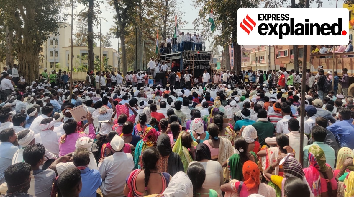 Tribals protest against Tapi-Par-Narmada river-linking project in Vaghai taluka in Gujarat on Friday. (Express Photo)