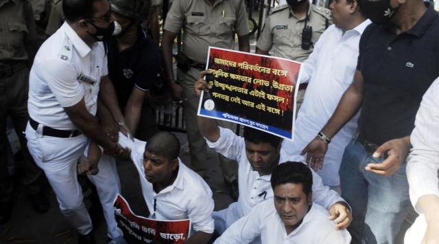 Youth Congress supporters protest the killing of Jhalda councillor Tapan Kandu, in front of the state Assembly in Kolkata on Tuesday. (Express Photo)
