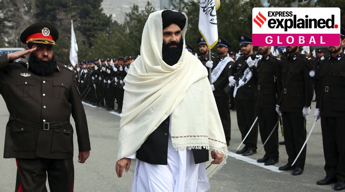 Taliban acting Interior Minister Sirajuddin Haqqani, center, reviews new Afghan police recruits during a graduation ceremony at the police academy in Kabul, Afghanistan, Saturday, March 5, 2022. (AP Photo)