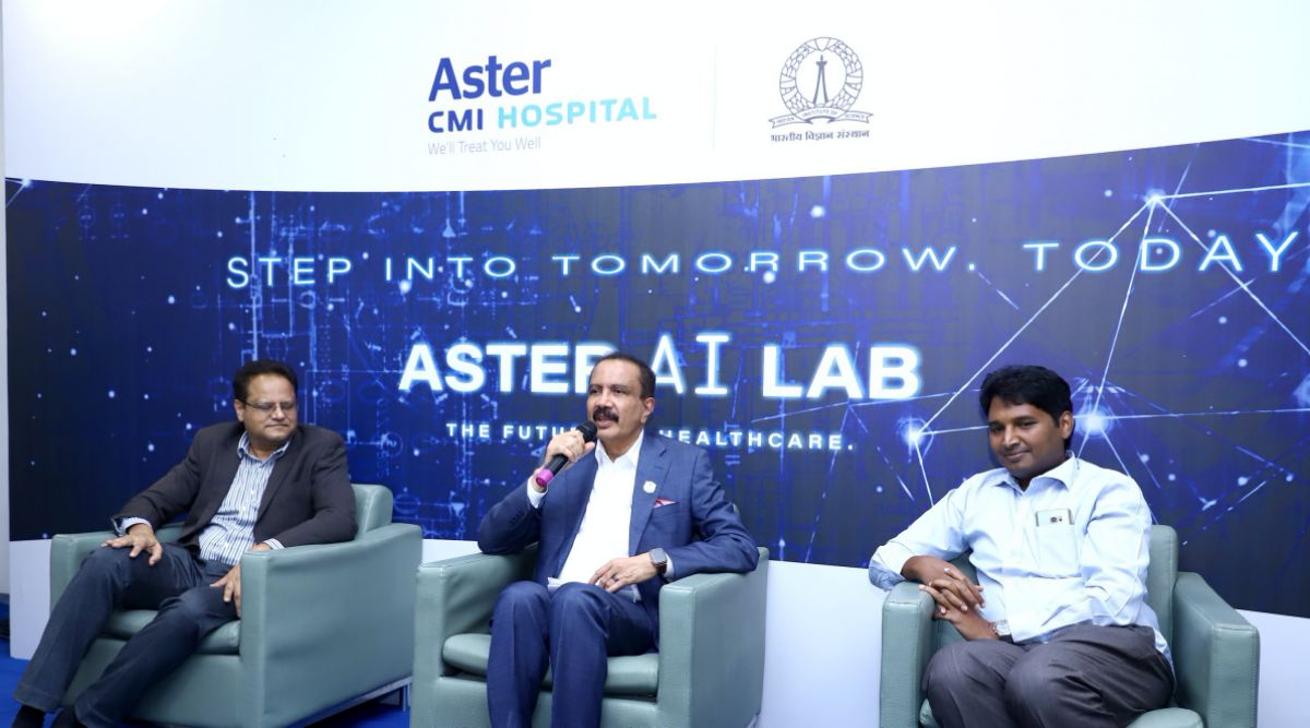 Dr Lokesh B, Consultant Neurology, Aster CMI Hospital, Dr. Azad Moopen, Founder Chairman, and Managing Director, Aster DM Healthcare, and Dr Phaneendra K Yalavarthy, professor of medical imaging at the IISc.