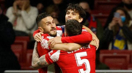 Atletico Madrid's Joao Felix celebrates scoring their first goal with Koke and Rodrigo De Paul (Source: Reuters)