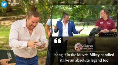 auslan interpreter owl poop, owl poops on aussie interpreter, sign languahe interpreter bird poop, queensland interpreter bird poo video, viral news, indian express