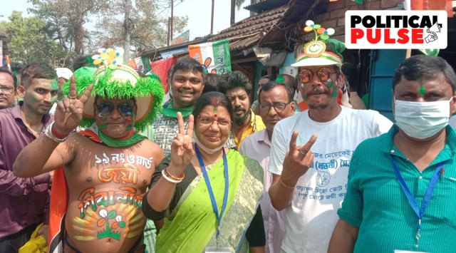 TMC supporters celebrating their win in civic poll in Rajpur-Sonarpur municipality of West Bengal. (Express photo by Atri Mitra)
