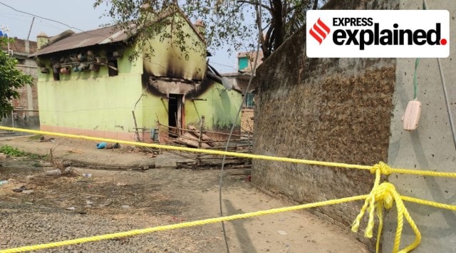 The charred house in Bogtui village of West Bengal’s in Birbhum district in which eight people were killed on Tuesday. (Express Photo: Partha Paul)