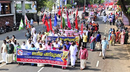 Activists of Left trade unions take out a march in support of the two-day Bharat Bandh in Thiruvananthapuram, Monday, March 28, 2022. (PTI Photo)
