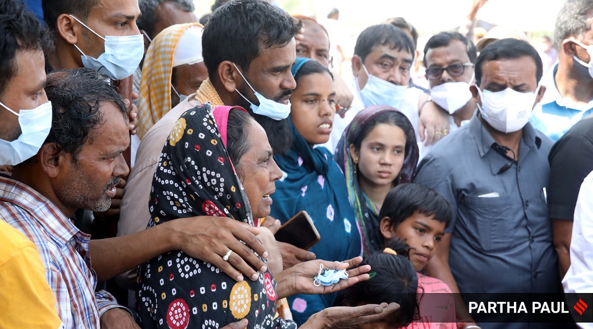 Family members of the victims of the Birbhum violence while interacting with West Bengal CM on Thursday. (Express Photo by Partha Paul)