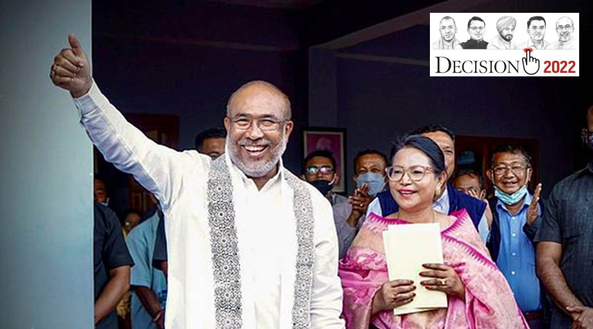 Chief Minister N. Biren Singh gestures after party's victory in Assembly polls, outside of his residence, in Imphal, Thursday, March 10, 2022. (PTI)