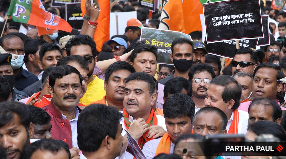 Leader of Opposition in the Assembly, Suvendu Adhikari, leads a BJP rally in Kolkata on Monday. (Express Photo: Partha Paul)