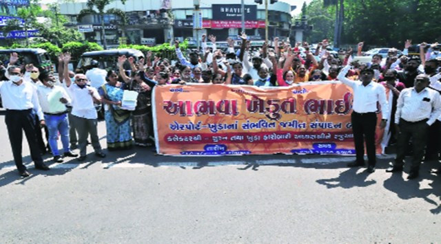 Abhva villagers protest in Surat on Monday. Express photo