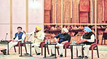 AAPs Punjab CM-elect Bhagwant Mann and party leaders during AAP legislature party meeting in Chandigarh, Friday. PTI