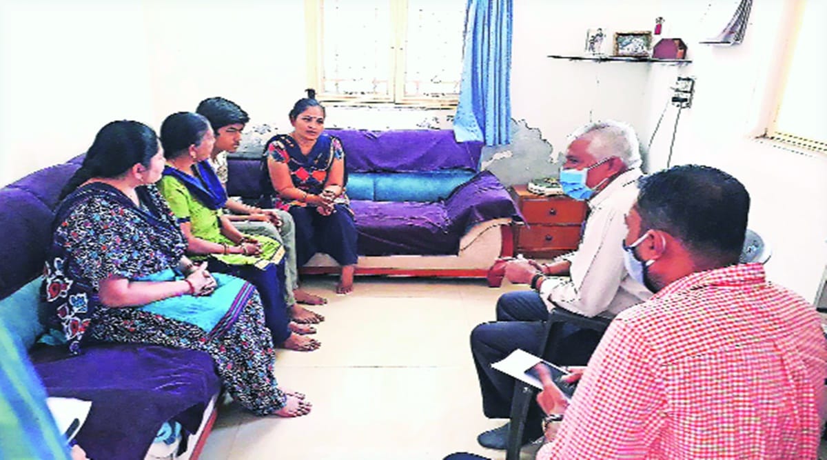 Vadodara District Collector AB Gor visits the family of a student stranded in Ukraine on Tuesday. Express photo