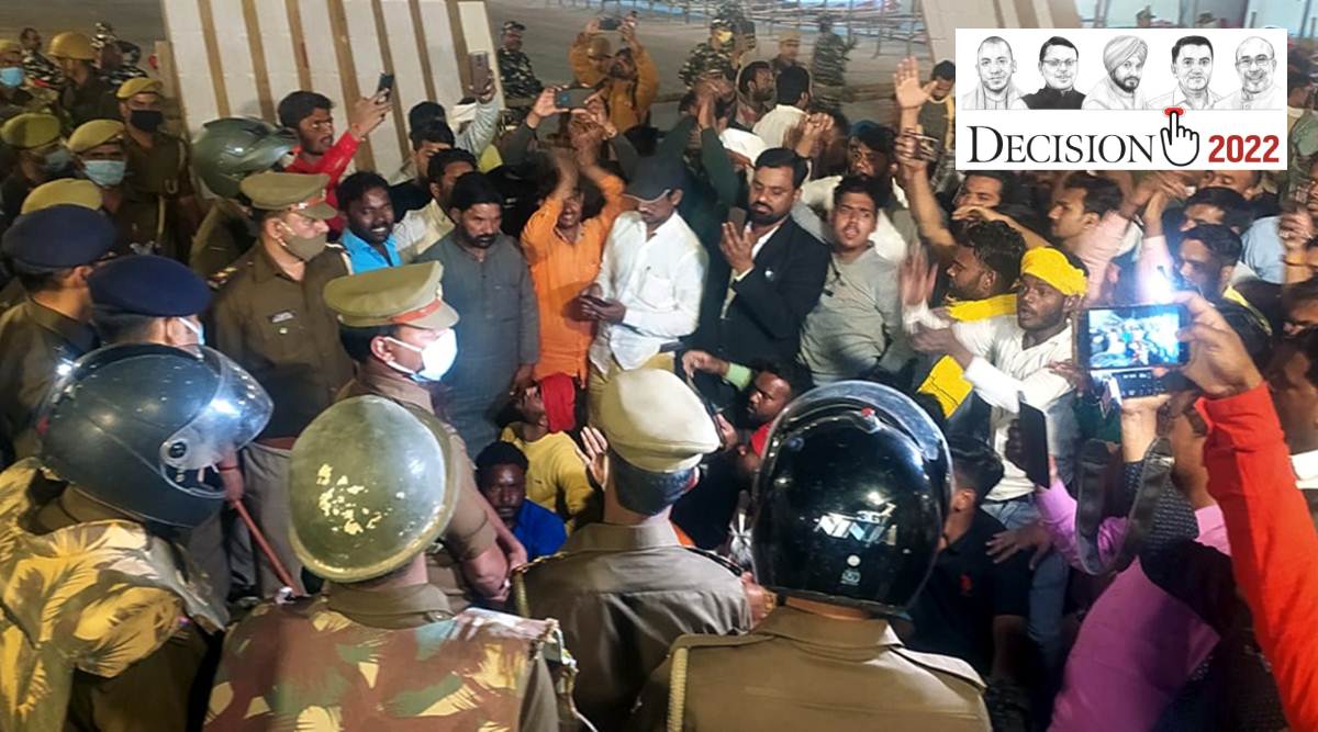 Samajwadi Party supporters protest outside a strongroom in Varanasi; left) Akhilesh Yadav at a press conference in Lucknow on Tuesday.