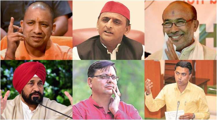 Clockwise from top left: Yogi Adityanath; Akhilesh Yadav; N Biren Singh; Charanjit Singh Channi; Pushkar Singh Dhami; Pramod Sawant