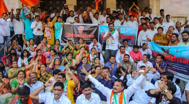 Members of NCP, along with city chief Prashant Jagtap, staged a protest at the PMC building on Monday against Governor Bhagat Singh Koshyari for his ‘comments on Chhatrapati Shivaji Maharaj’.  (Ashish Kale)