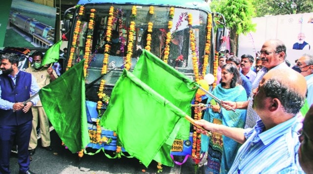 Officials inaugurate the service at Garware Metro Station on Monday. (Express Photo by Ashish Kale)