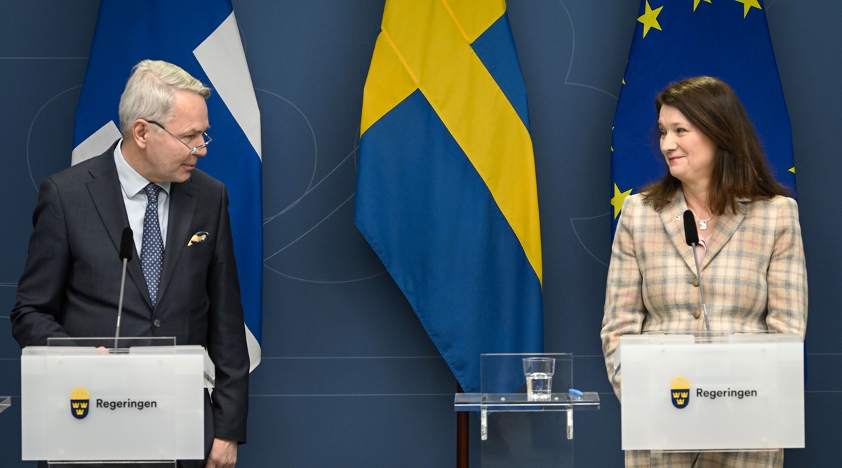  Finland's Minister for Foreign Affairs Pekka Haavisto, left and his Swedish counterpart Ann Linde take part in a joint press conference with Sweden's Defence Minister Peter Hultqvist, and his Finnish counterpart Antti Kaikkonen, in Stockholm, Sweden, February 2, 2022, after talks on European security. (AP)