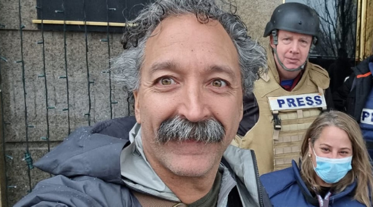 This image released by Fox News Channel shows cameraman Pierre Zakrzewski while on assignment with colleagues, Fox News correspondent Steve Harrigan and Jerusalem-based senior producer Yonat Friling, background right, in Kyiv. Zakrzewski was killed in Ukraine on Monday. (AP)