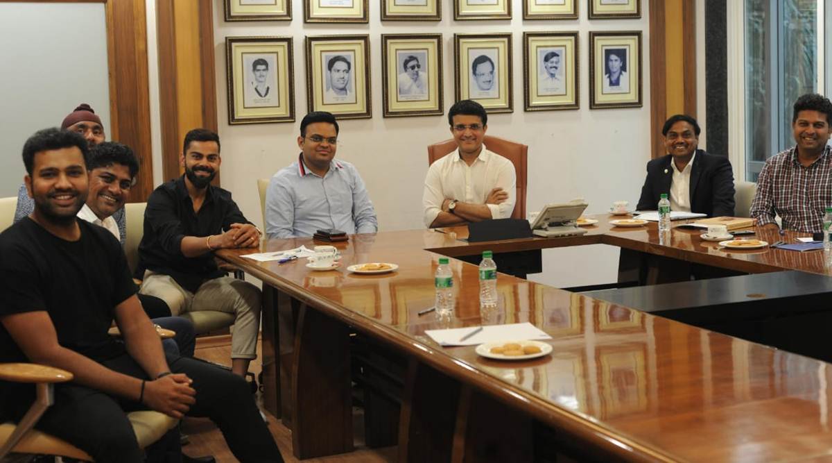 Sourav Ganguly with former selector MSK Prasad, BCCI secretary Jay Shah, cricketers Virat Kohli, Rohit Sharma and players and officials in 2019. (BCCI)