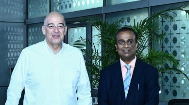 Greek Foreign Minister Nikos Dendias (left) welcomed at New Delhi. (Twitter/MEAIndia)