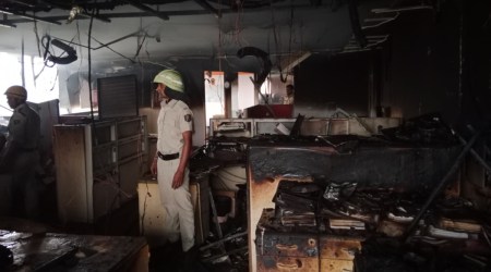 At the Bank of Baroda head office after the fire. (Express photo Hanif Malek)