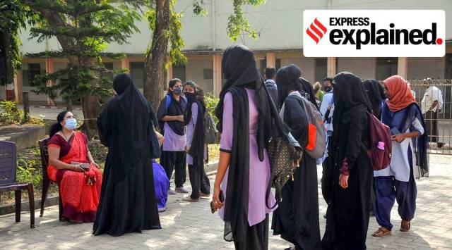 Students wearing hijab outside a pre-college university in Karnataka. (PTI Photo/File)