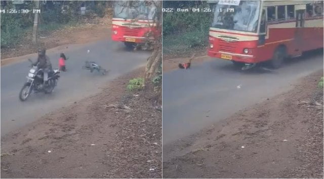 kerala, kerala boy escapes death, boy escape as bus crush bus, boy escape death twice, kannur boy cycle bus accident, indian express