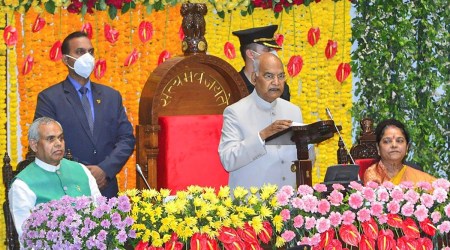 President Ram Nath Kovind addresses the members of Gujarat Legislative Assembly as Gujrat Governor Acharya Devvrat and Speaker Nimaben Acharya look on, in Gandhinagar (PTI)