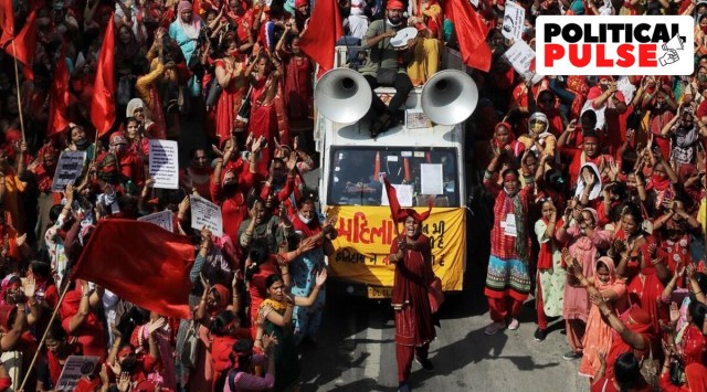 Anganwadi workers held a protest march called ‘anganwadi stri adhikar rally’ from Rajghat to the Delhi Secretariat to commemorate International Working Women's Day. (Express photo by Abhinav Saha)