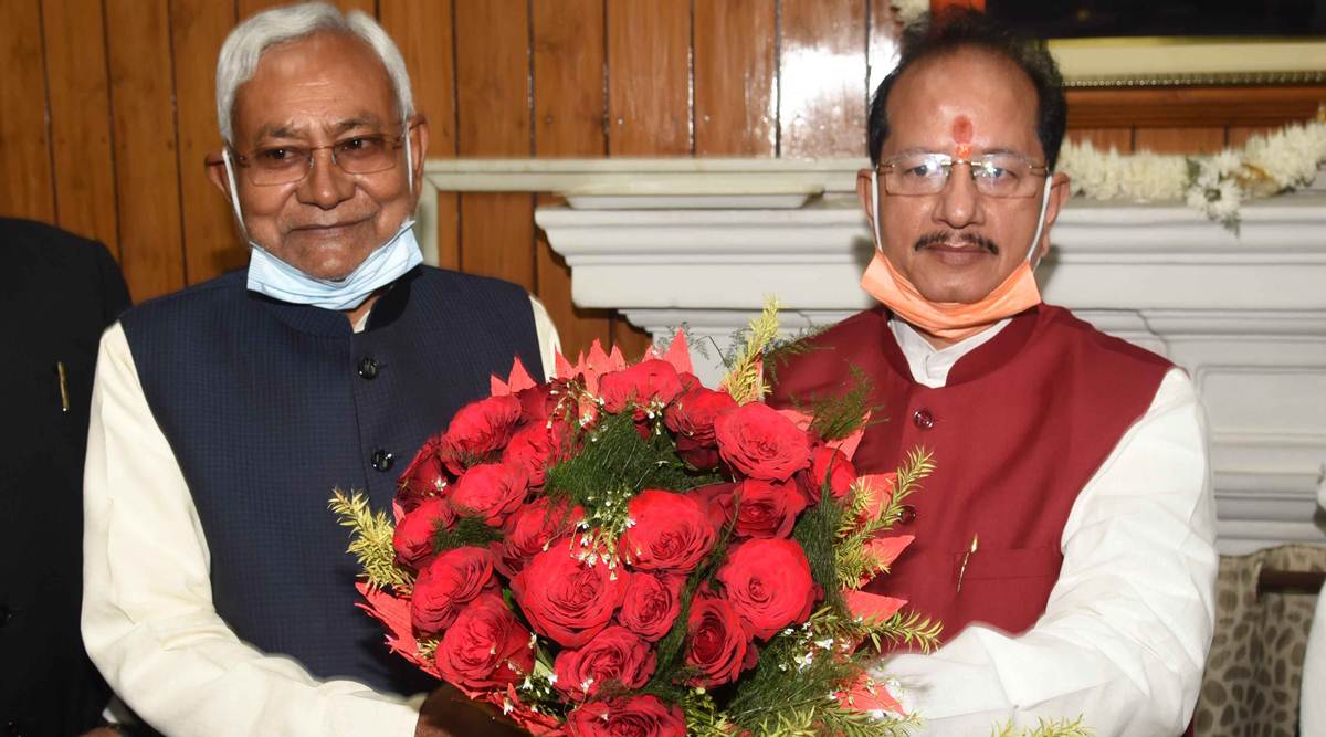CM Nitish Kumar and Speaker Vijay Kumar Sinha at start of this Budget Session on February 25.(Express photo by Nagendra Kumar Singh)
