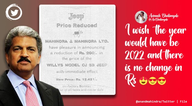 Anand Mahindra shares old Mahindra ad, Mahindra jeep for rs 12,000, old print advertisement Mahindra motors, Anand Mahindra tweet, Indian Express