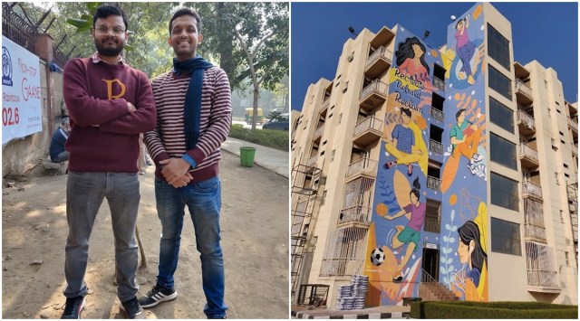 Ritesh Kumar Verma and Prateek Sachan, the founders of The New Art; (R) Their artwork on the walls of the KR Mangalam University's boys hostel, Sohna Road, Gurugram