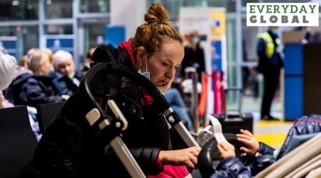 Daria Garn a Ukranian refugee from Kyiv waits to board a flight at Iasi International Airport in Romania, after Russia's invasion of Ukraine, on rout to Israel. (Reuters)