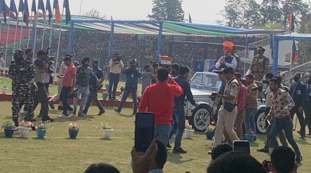 Union Home Minister Amit Shah during the 83rd CRPF Day Parade at MA Stadium in Jammu, Saturday
