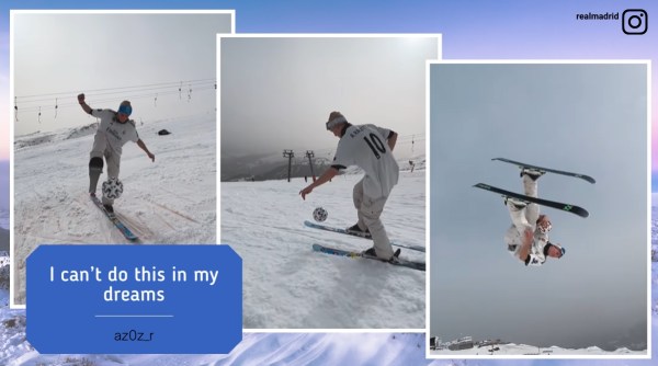 Man plays juggles football while skiing, Skiing and playing football, Real Madrid fan plays football while skiing, Andri Ragettli juggles football as he skies, Indian Express