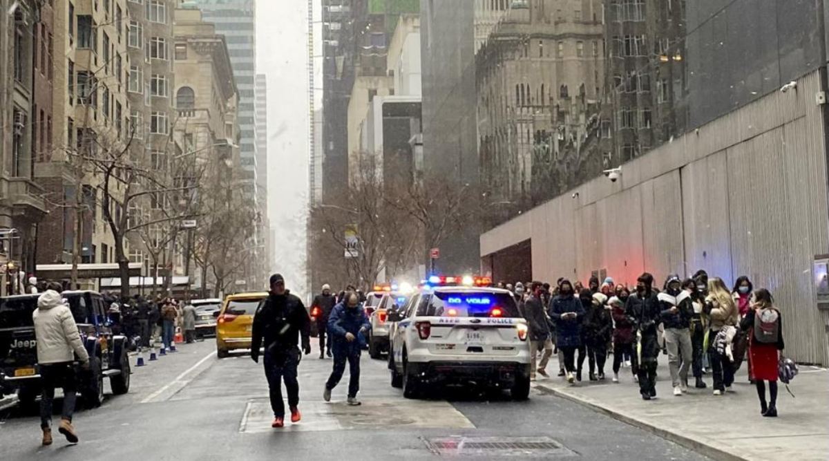 In this photo from a social media post by Scott Cowdrey, people are evacuated from the Museum of Modern Art where a stabbing occurred, Saturday, March 12, 2022, in New York. Police said two people were stabbed inside MoMA and in stable condition at Bellevue Hospital. (Photo: Scott Cowdrey via AP)