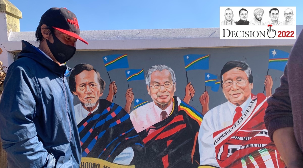 A mural with the three big Naga leaders in Ukhrul, the site of a recent poll rally. (Express Photo by Tora Agarwala)