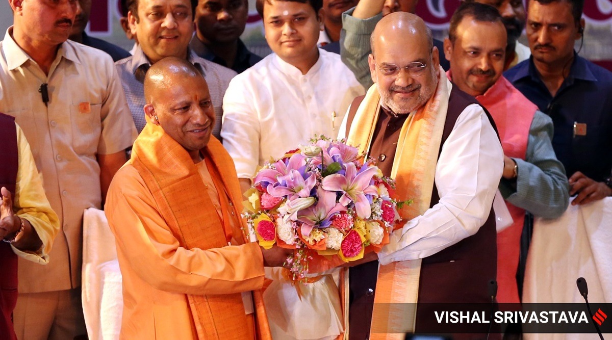 Amit Shah with UP CM-designate Yogi Adityanath in Lucknow, Thursday. (Express Photo by Vishal Srivastav)