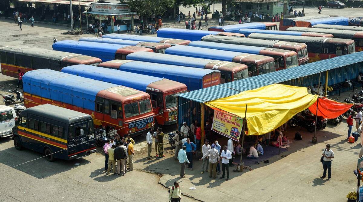 A view of the Maharashtra State Road Transport Corporation (MSRTC) depot at Panvel, during a strike called by MSRTC employees, in Navi Mumbai. (PTI)