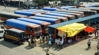 A view of the Maharashtra State Road Transport Corporation (MSRTC) depot at Panvel, during a strike called by MSRTC employees, in Navi Mumbai. (PTI)