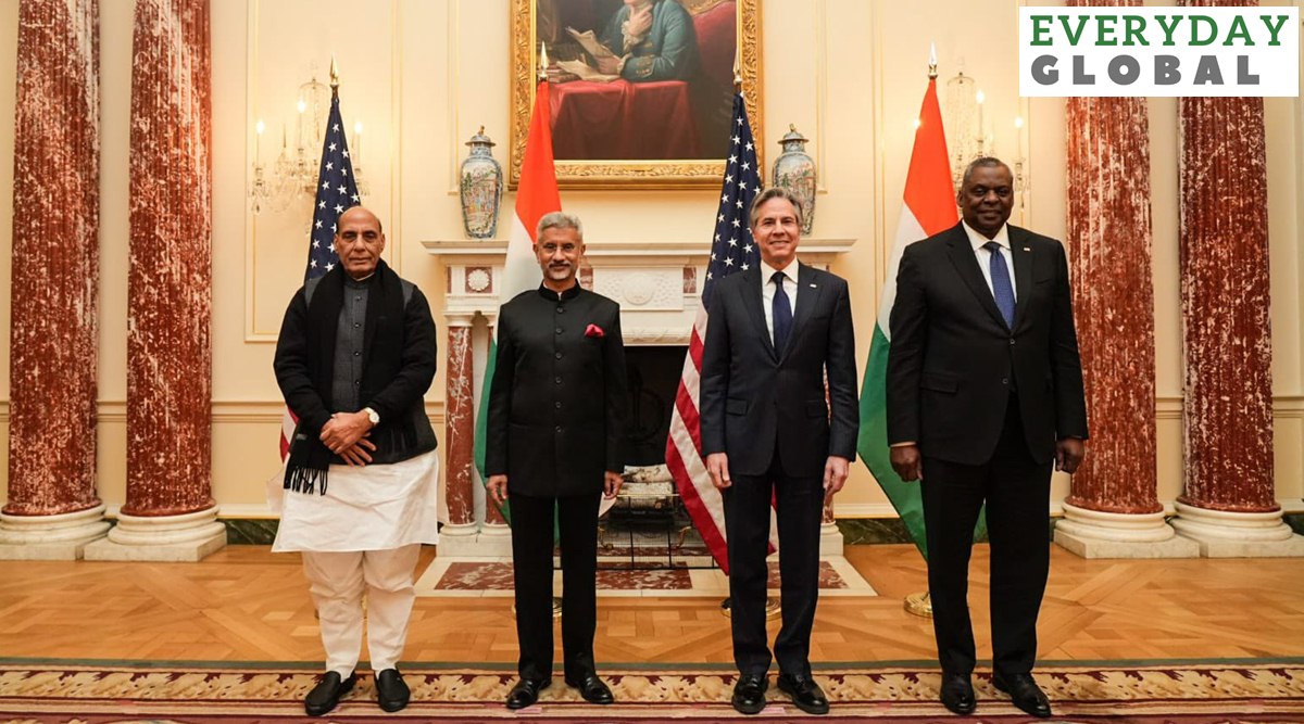 (From left) Defence Minister Rajnath Singh, External Affairs Minister S Jaishankar, Secretary of State Anthony Blinken and Secretary of Defense Lloyd Austin. (Twitter/@DrSJaishankar)